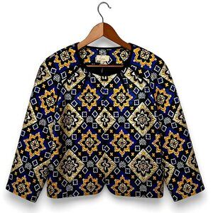 Ann Taylor LOFT Blue Gold Tapestry Jacket Jacquard Open Front Cropped L
